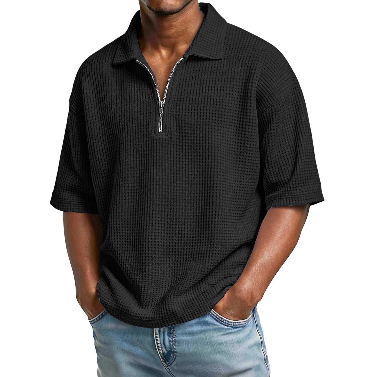 Solid Color Casual Short Sleeve  For Men In Polyester Fabric Featuring Knitted Craft