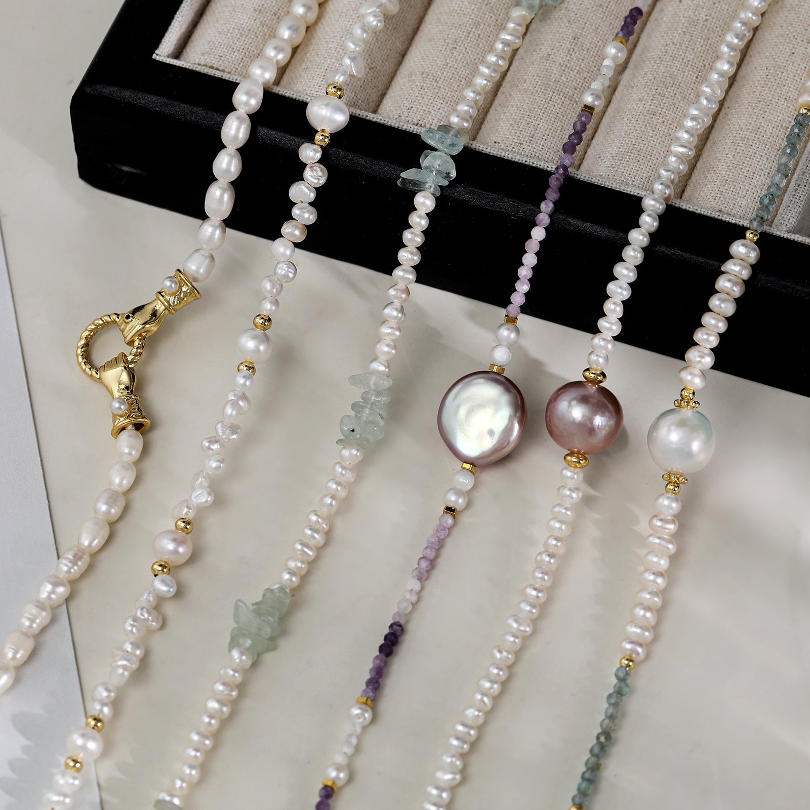 Freshwater Pearl Necklace With 5-6mm Near-Round Pearls In Copper Setting, Commute Style