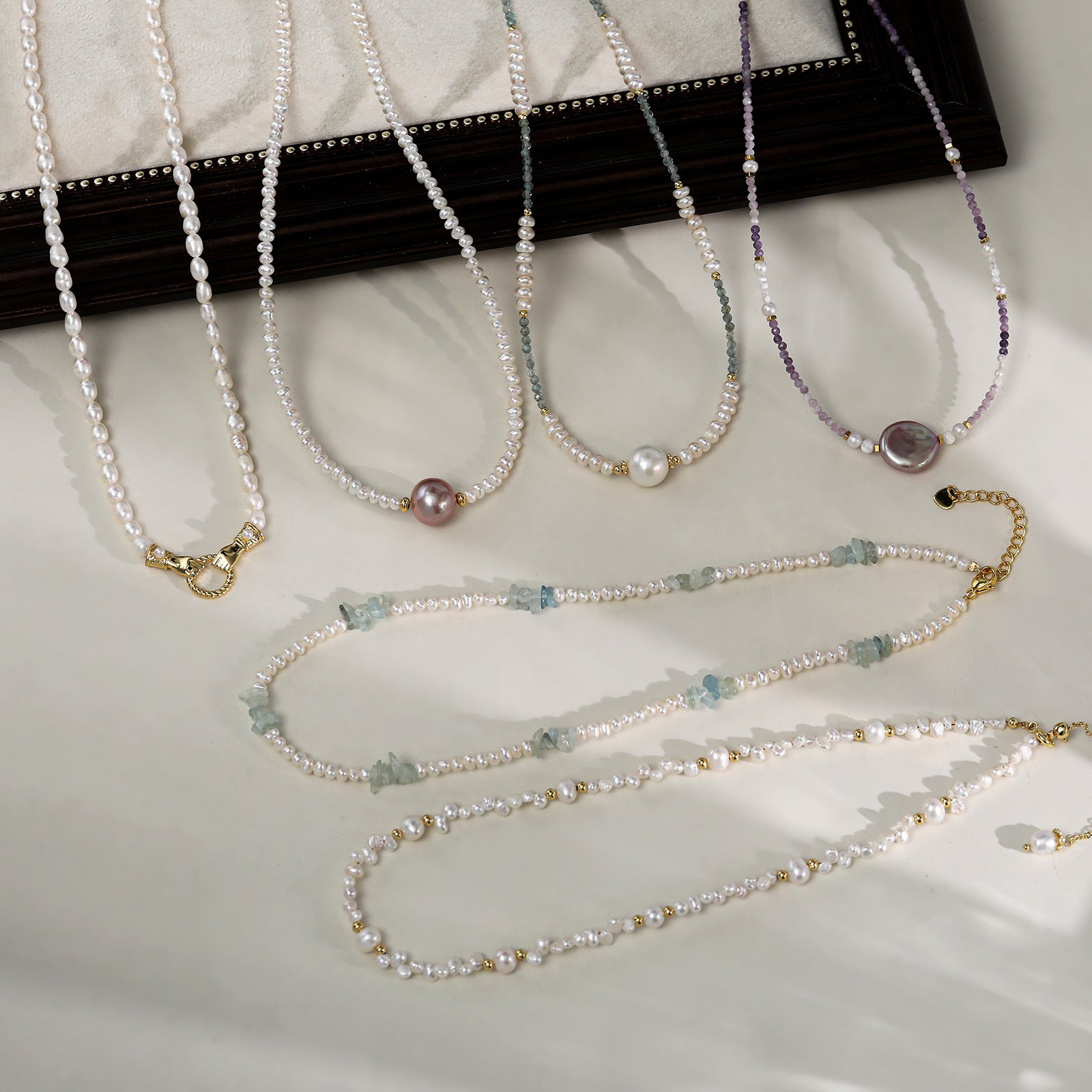 Freshwater Pearl Necklace With 5-6mm Near-Round Pearls In Copper Setting, Commute Style
