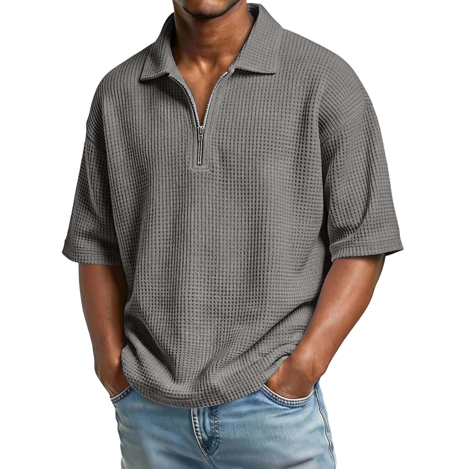 Solid Color Casual Short Sleeve  For Men In Polyester Fabric Featuring Knitted Craft