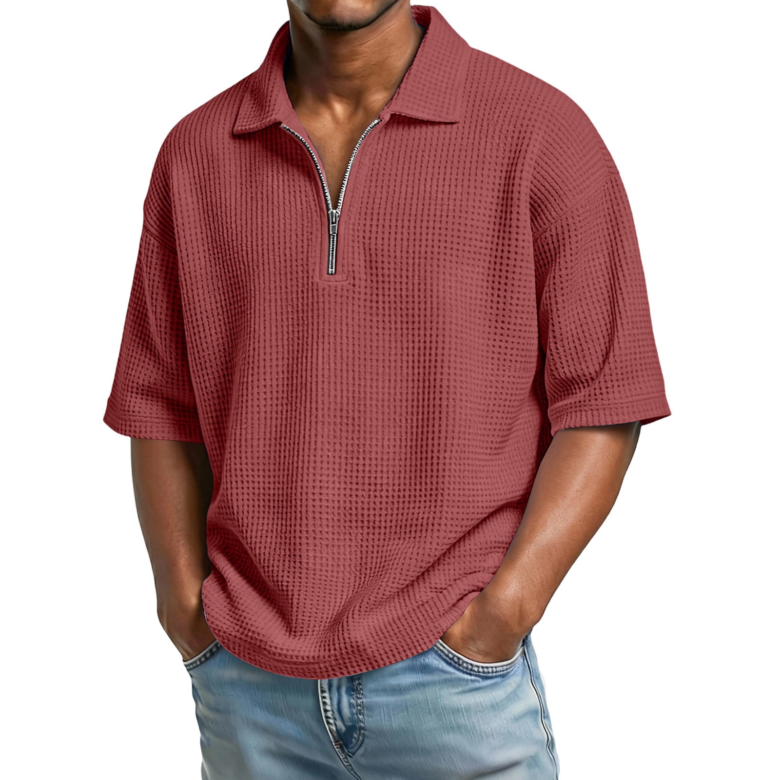 Solid Color Casual Short Sleeve  For Men In Polyester Fabric Featuring Knitted Craft