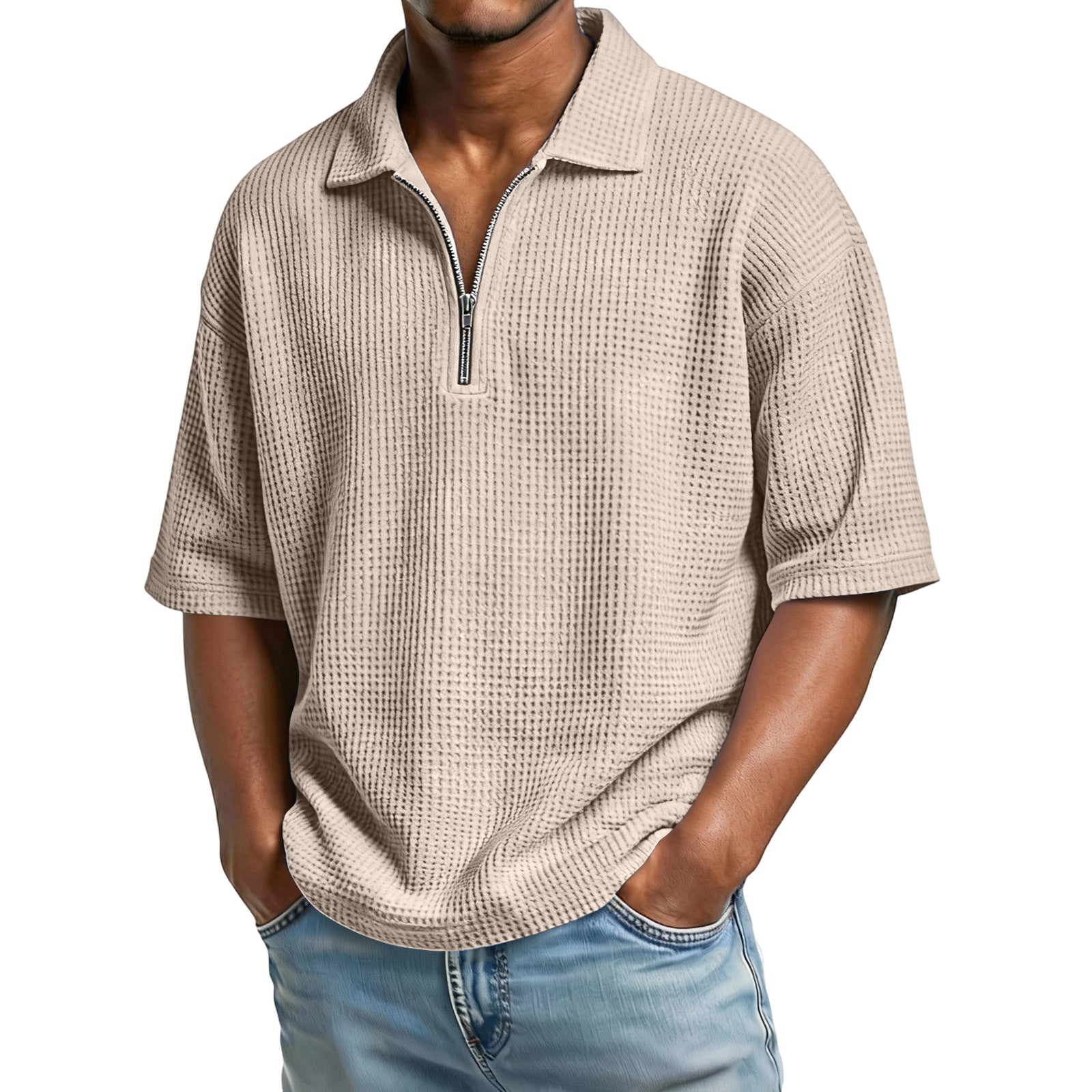 Solid Color Casual Short Sleeve  For Men In Polyester Fabric Featuring Knitted Craft