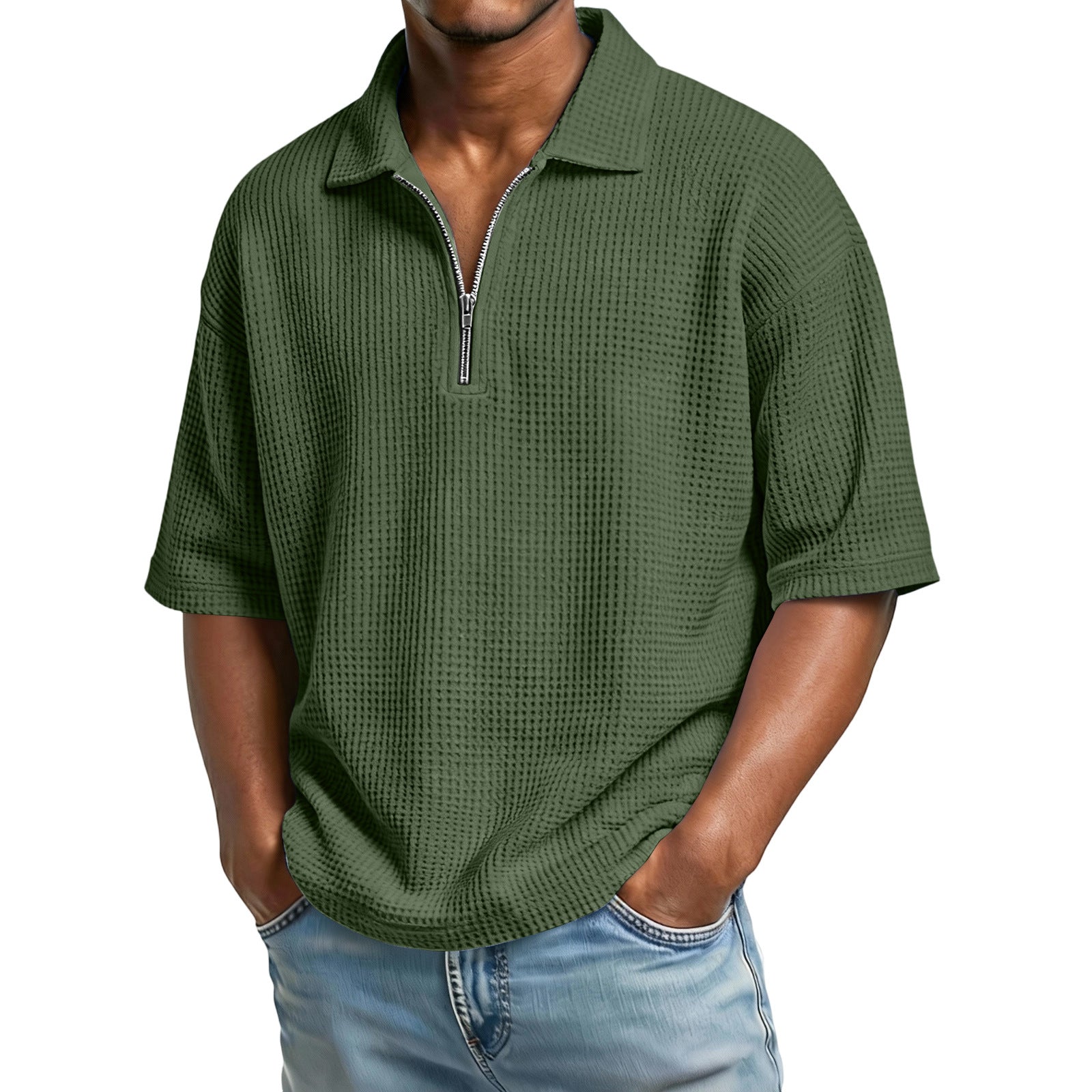 Solid Color Casual Short Sleeve  For Men In Polyester Fabric Featuring Knitted Craft