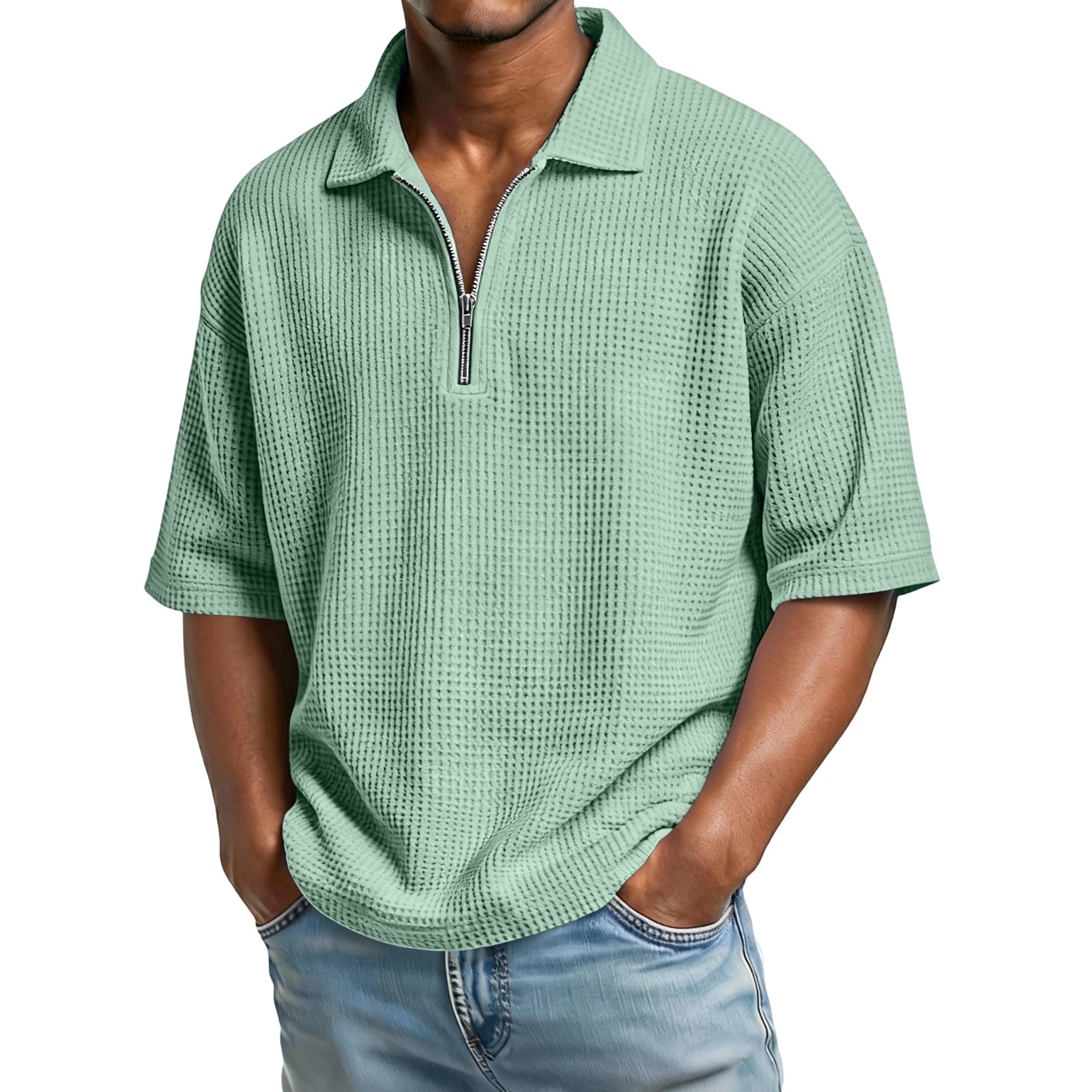 Solid Color Casual Short Sleeve  For Men In Polyester Fabric Featuring Knitted Craft