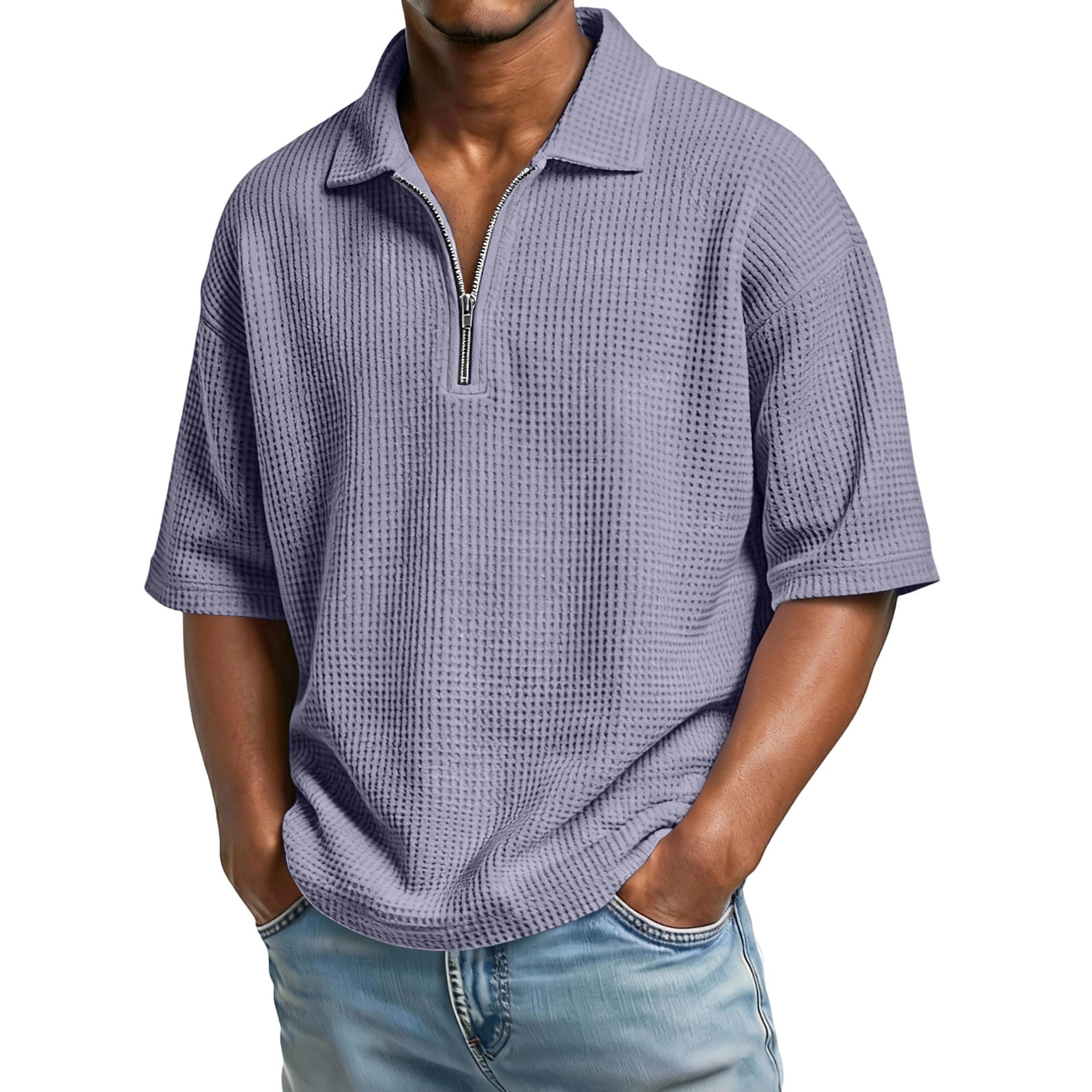 Solid Color Casual Short Sleeve  For Men In Polyester Fabric Featuring Knitted Craft