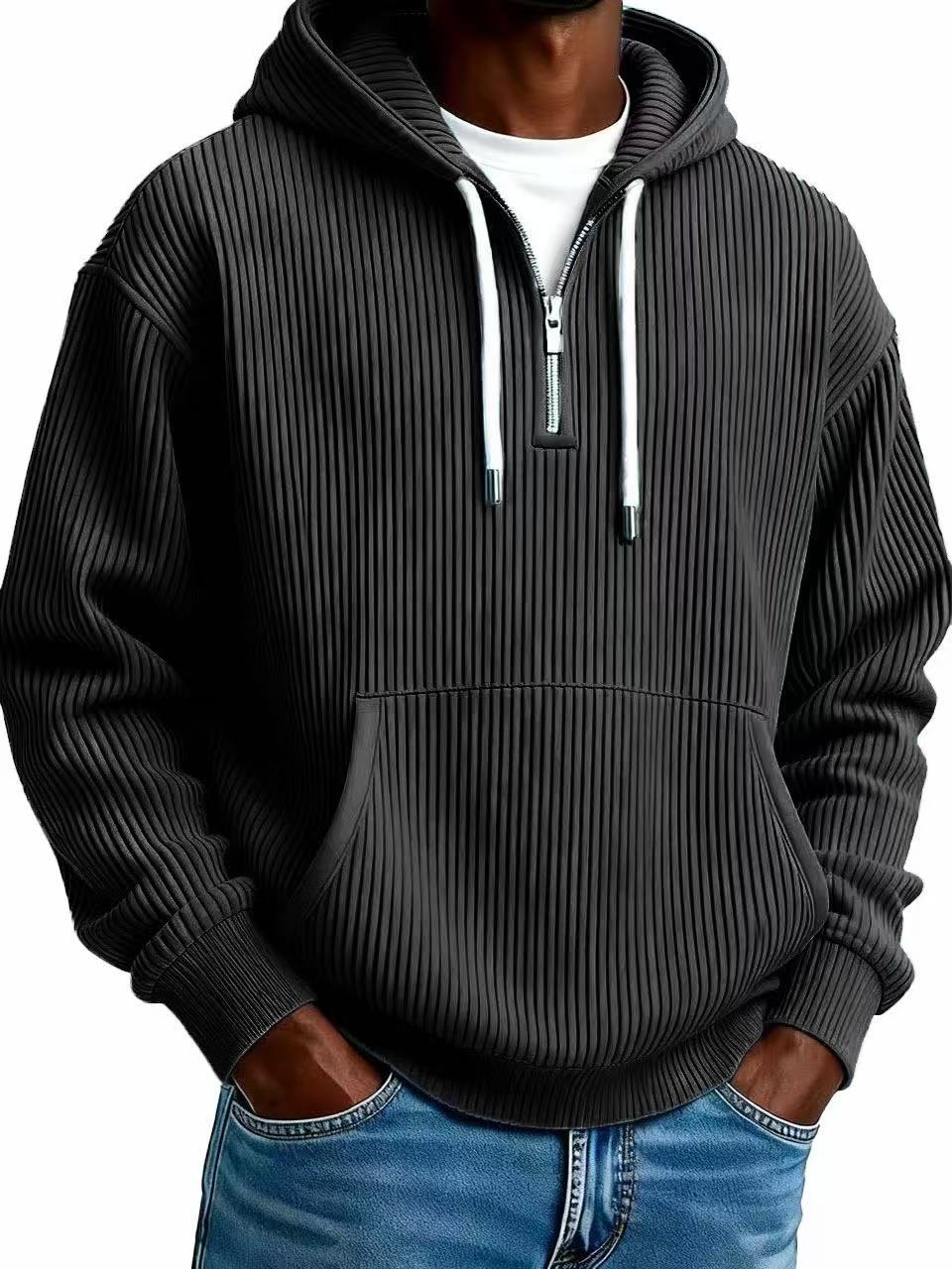 Men's Casual Solid Color Dyed Black Long Sleeve Polyester Hoodie