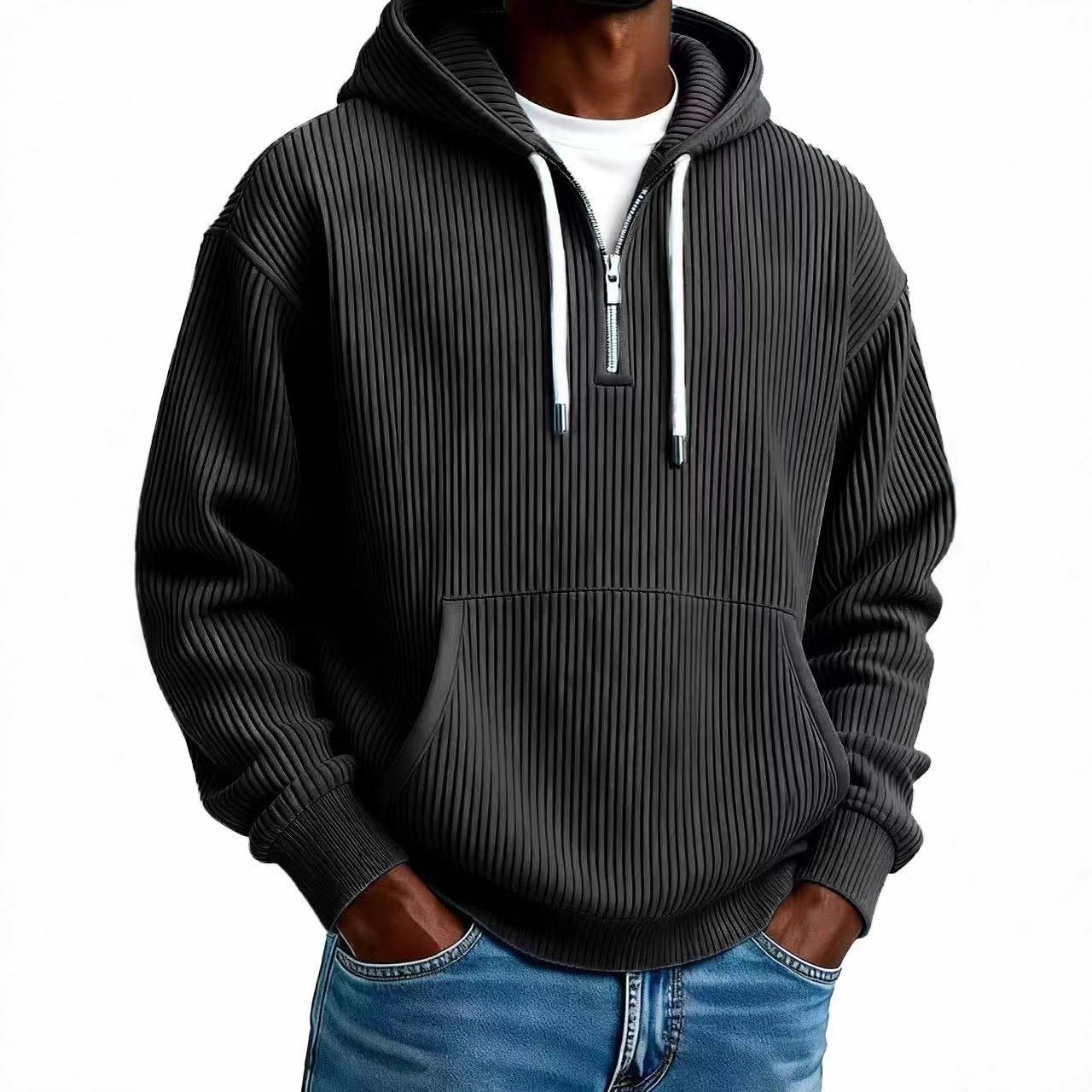 Men's Casual Solid Color Dyed Black Long Sleeve Polyester Hoodie