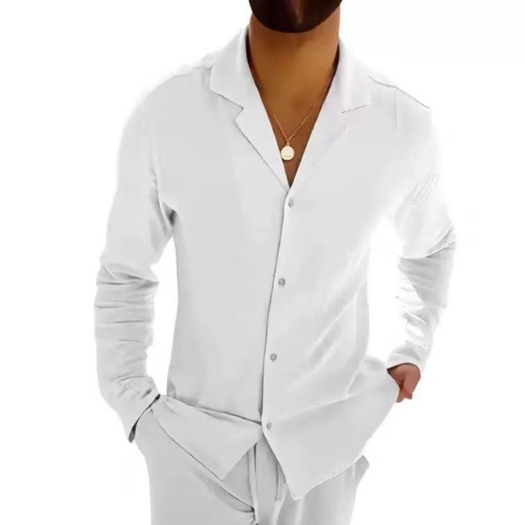 Solid Color Casual Long Sleeve Blouse For Men In Cotton Fabric With Button Detail