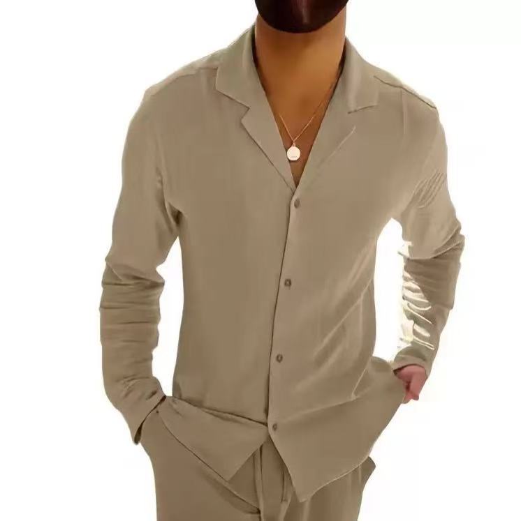 Solid Color Casual Long Sleeve Blouse For Men In Cotton Fabric With Button Detail