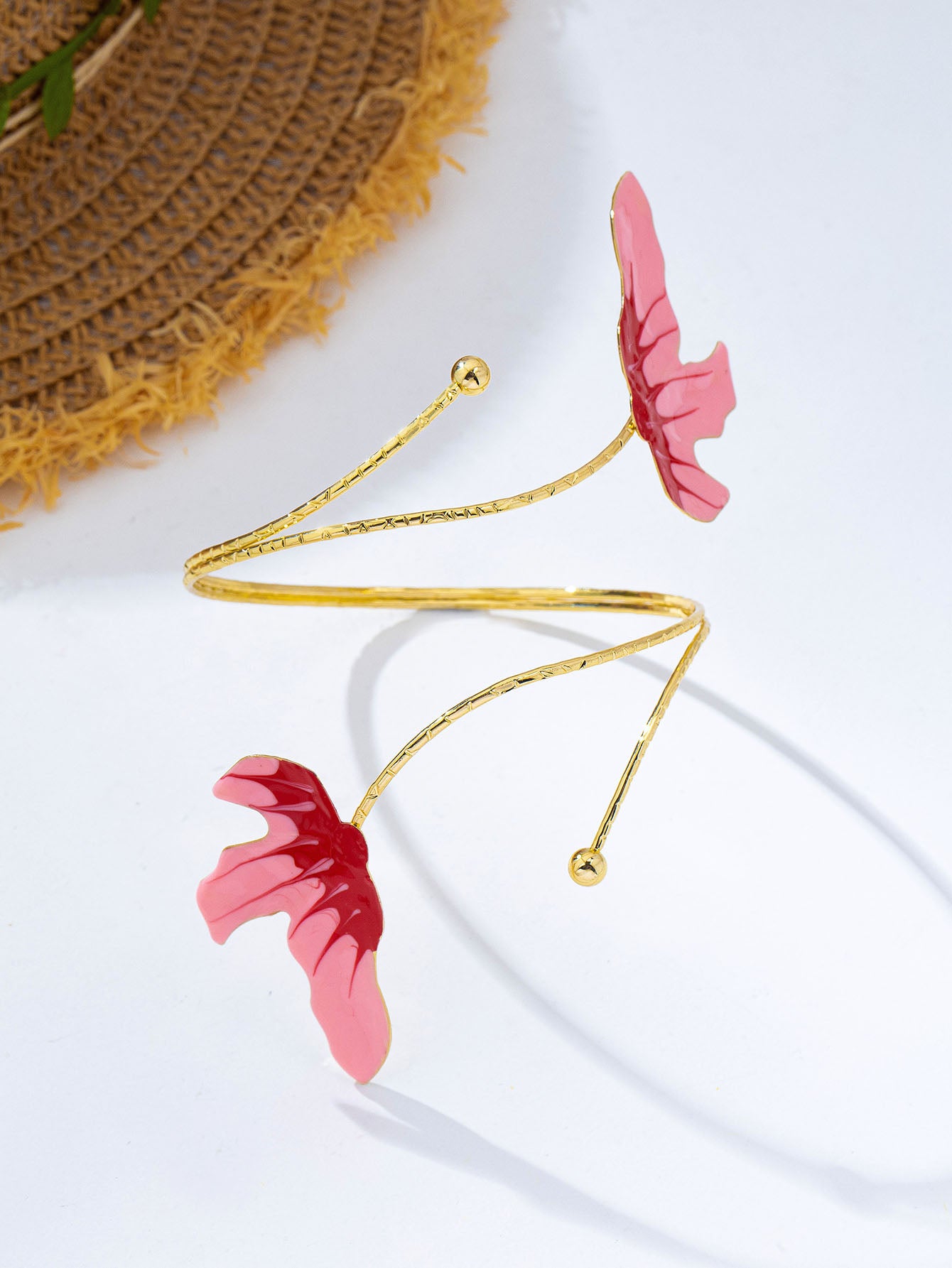 Elegant Natural Pink Enamel Flowers Alloy Arm Bracelet For Women With KC Golden Plated Finish