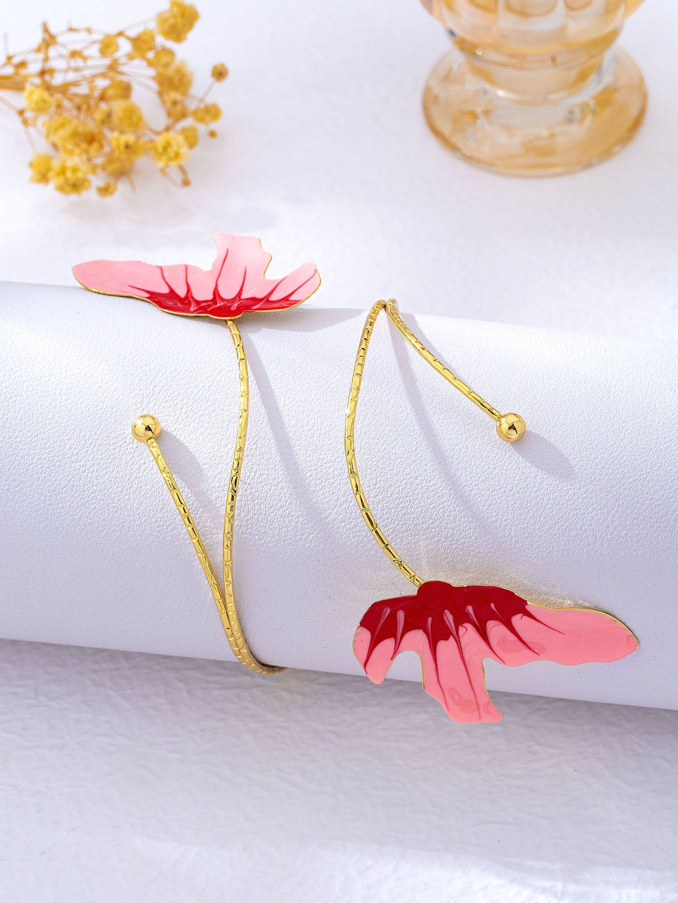 Elegant Natural Pink Enamel Flowers Alloy Arm Bracelet For Women With KC Golden Plated Finish