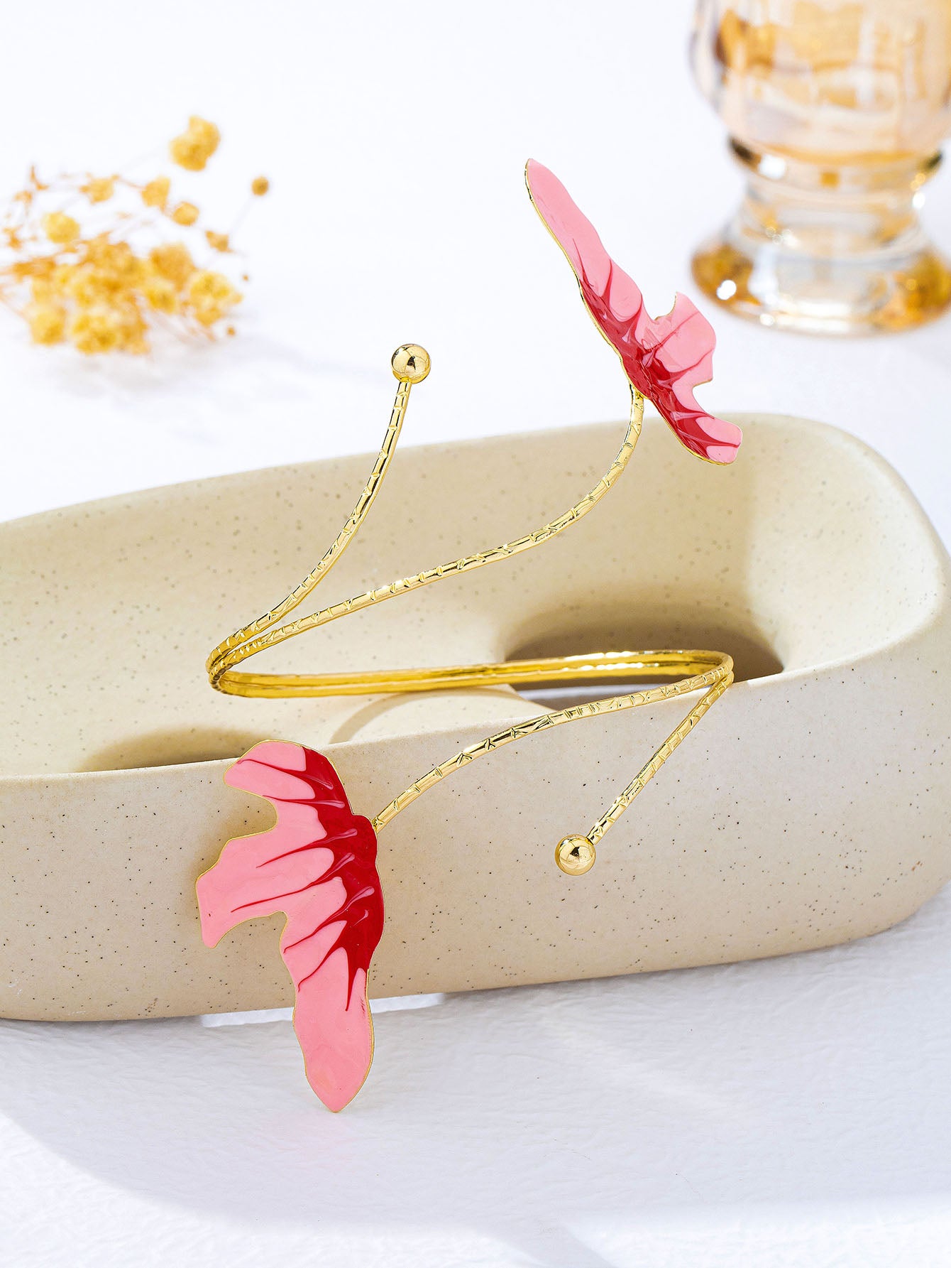 Elegant Natural Pink Enamel Flowers Alloy Arm Bracelet For Women With KC Golden Plated Finish