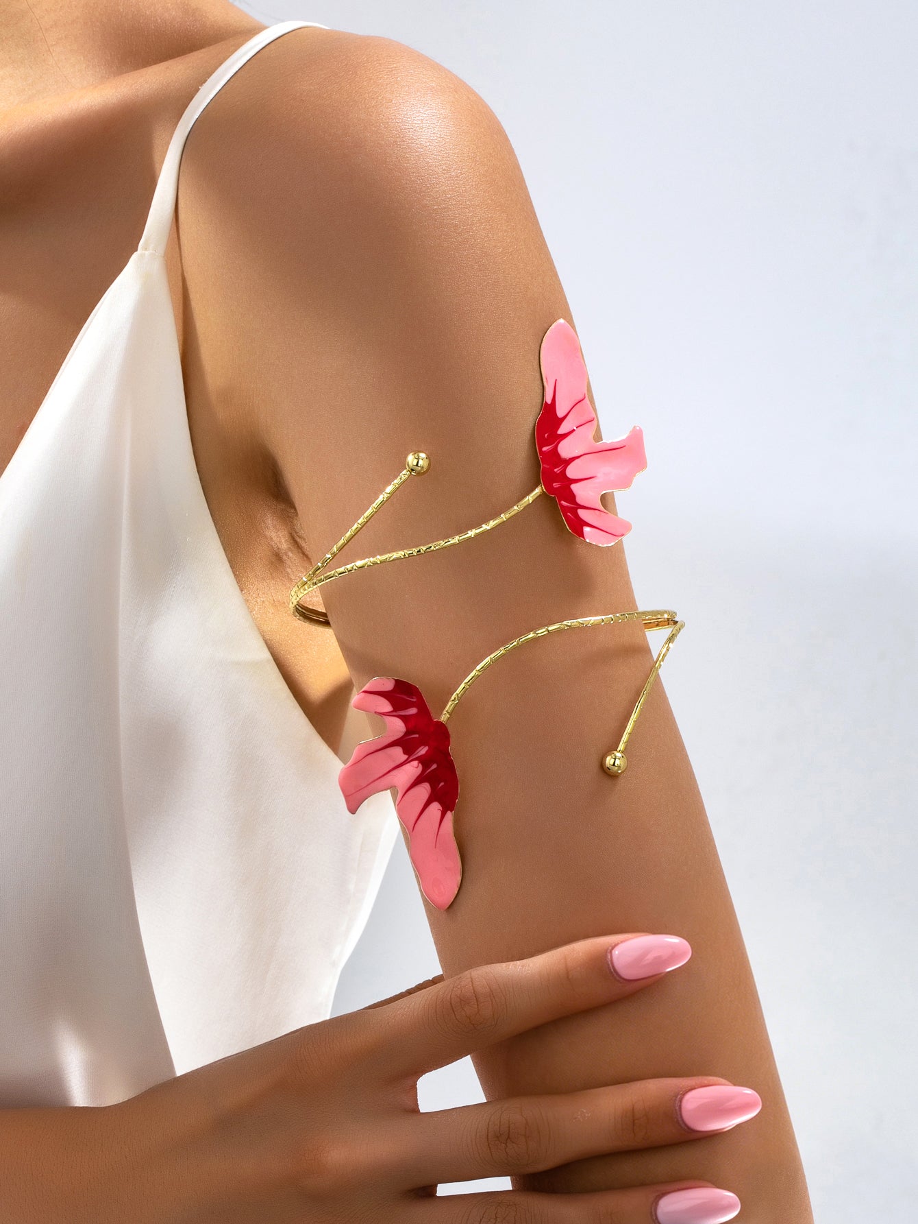 Elegant Natural Pink Enamel Flowers Alloy Arm Bracelet For Women With KC Golden Plated Finish