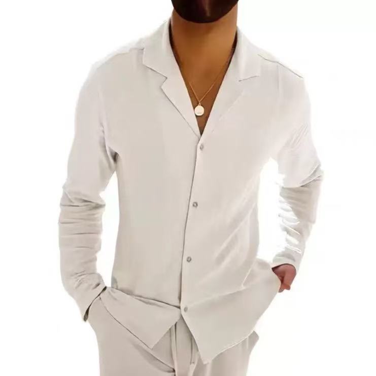 Solid Color Casual Long Sleeve Blouse For Men In Cotton Fabric With Button Detail