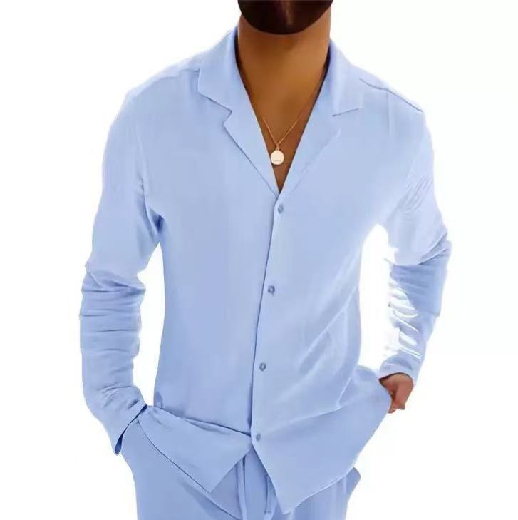 Solid Color Casual Long Sleeve Blouse For Men In Cotton Fabric With Button Detail