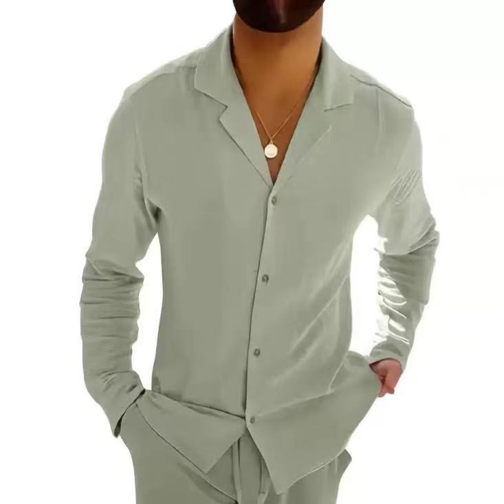 Solid Color Casual Long Sleeve Blouse For Men In Cotton Fabric With Button Detail