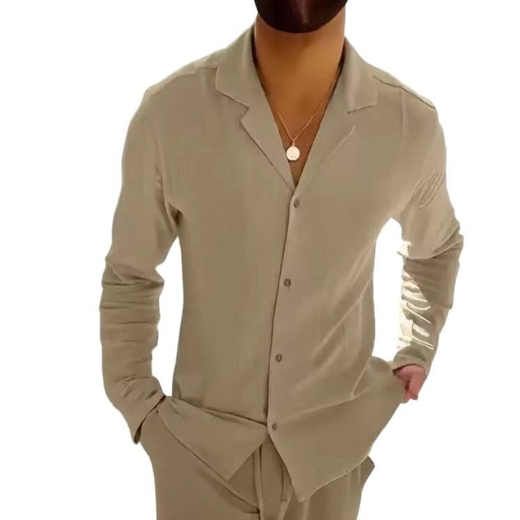 Solid Color Casual Long Sleeve Blouse For Men In Cotton Fabric With Button Detail