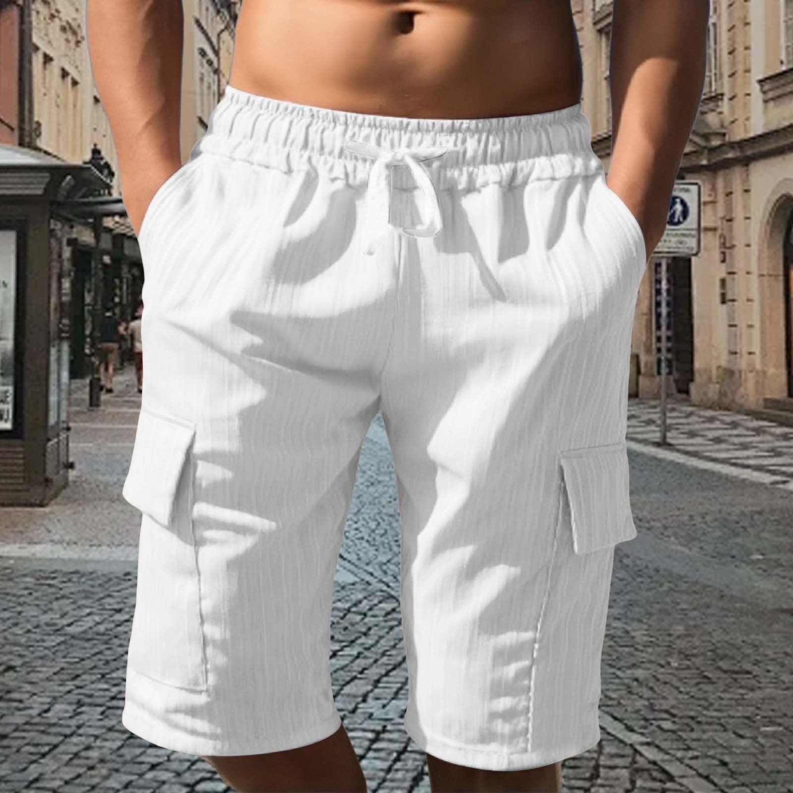Men's Solid Color Sport Cargo Knee Length Shorts In Polyester Fabric With Multiple Pockets