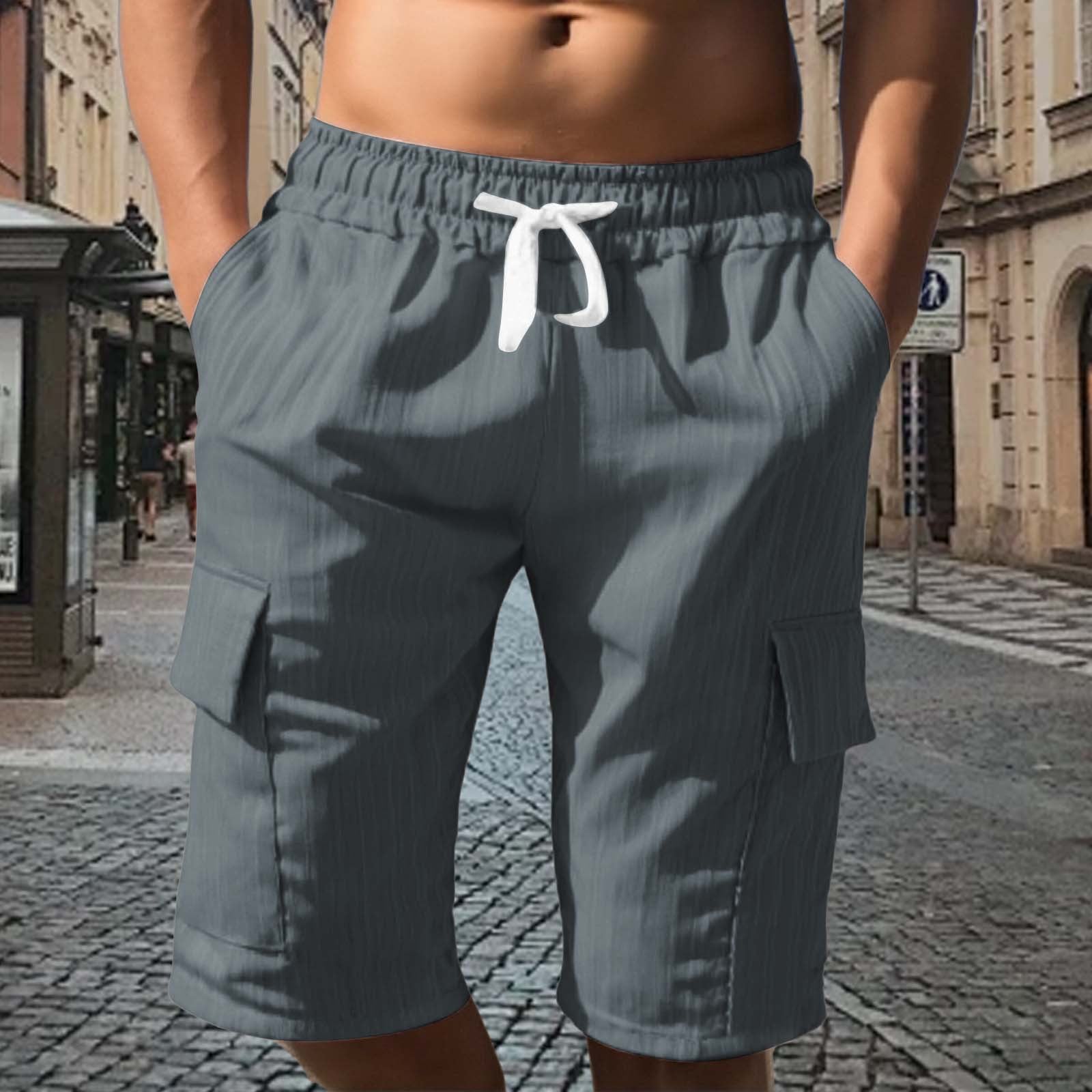 Men's Solid Color Sport Cargo Knee Length Shorts In Polyester Fabric With Multiple Pockets