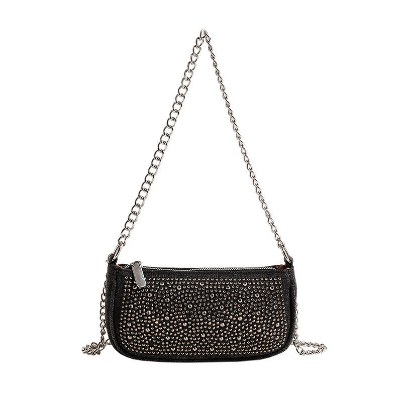Glittery Square Denim Crossbody Bag For Women Featuring Rhinestones With Chain Strap