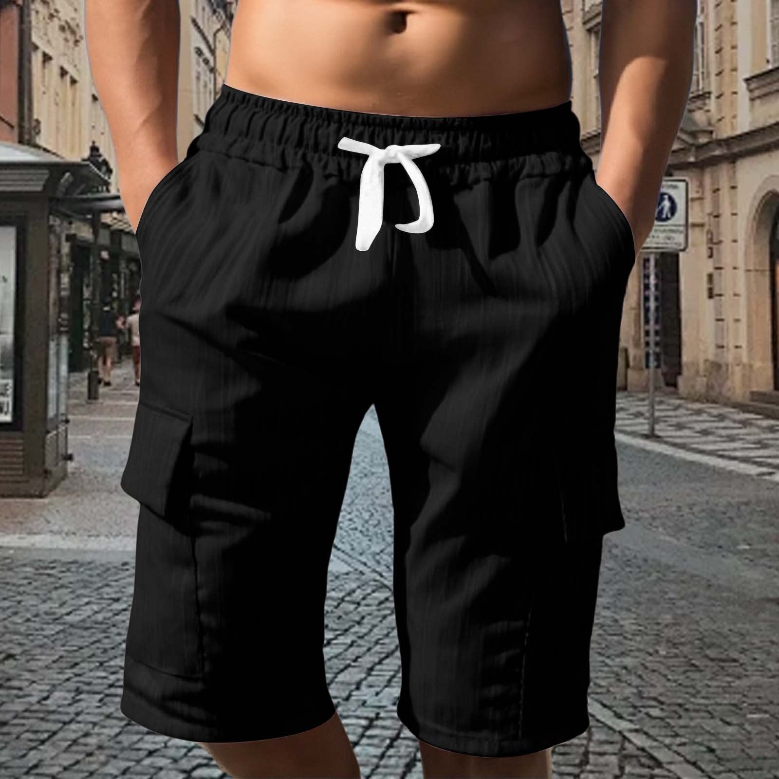 Men's Solid Color Sport Cargo Knee Length Shorts In Polyester Fabric With Multiple Pockets