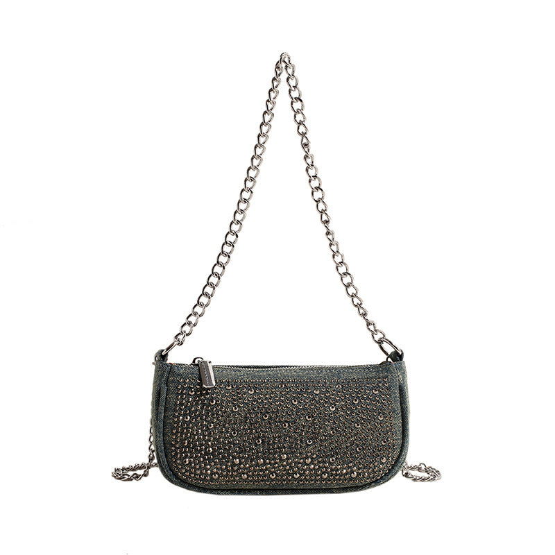 Glittery Square Denim Crossbody Bag For Women Featuring Rhinestones With Chain Strap