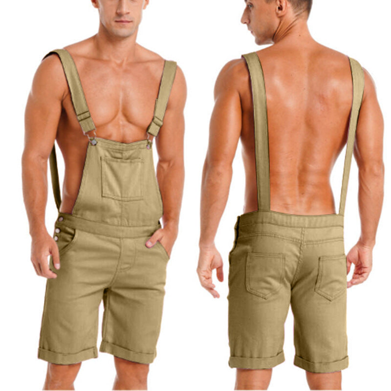 Men's Solid Color Sport Overalls Shorts In Polyester Fabric Featuring Rivet Craftsmanship