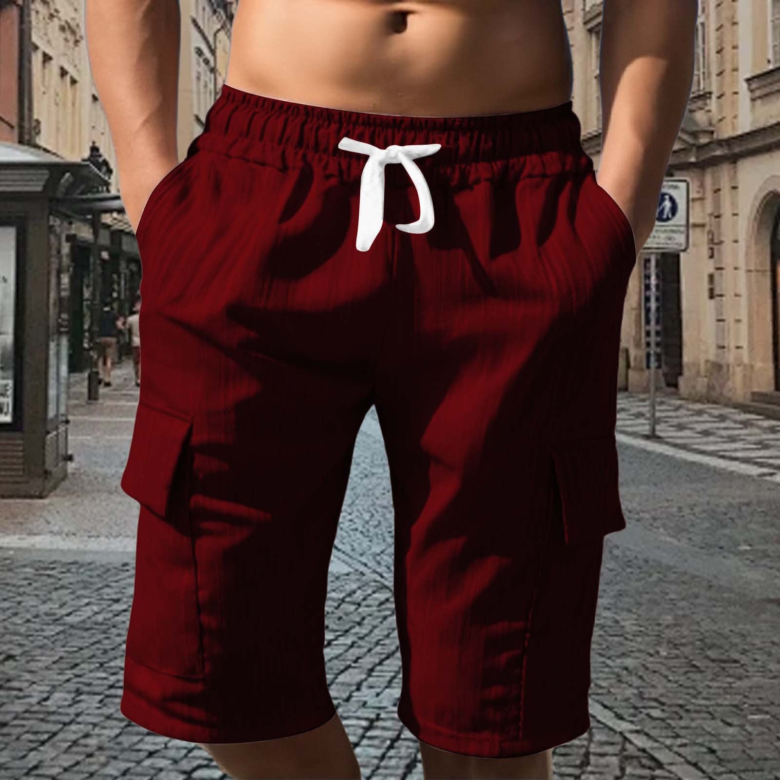 Men's Solid Color Sport Cargo Knee Length Shorts In Polyester Fabric With Multiple Pockets