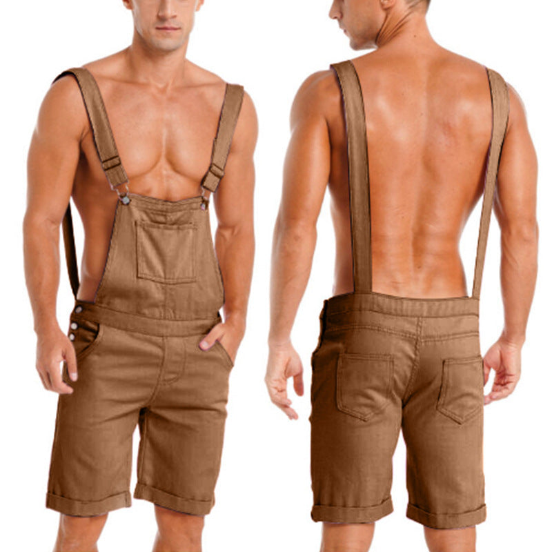 Men's Solid Color Sport Overalls Shorts In Polyester Fabric Featuring Rivet Craftsmanship