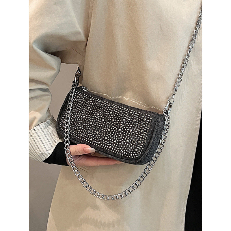 Glittery Square Denim Crossbody Bag For Women Featuring Rhinestones With Chain Strap