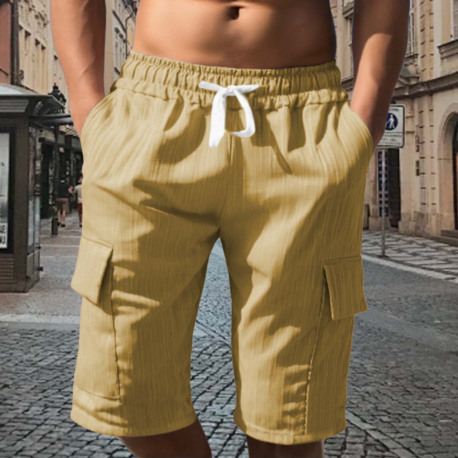 Men's Solid Color Sport Cargo Knee Length Shorts In Polyester Fabric With Multiple Pockets