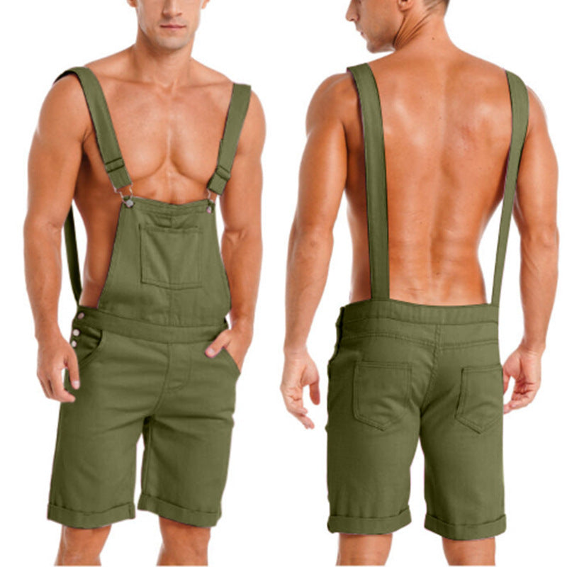 Men's Solid Color Sport Overalls Shorts In Polyester Fabric Featuring Rivet Craftsmanship