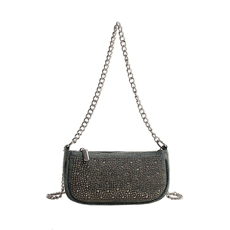 Glittery Square Denim Crossbody Bag For Women Featuring Rhinestones With Chain Strap