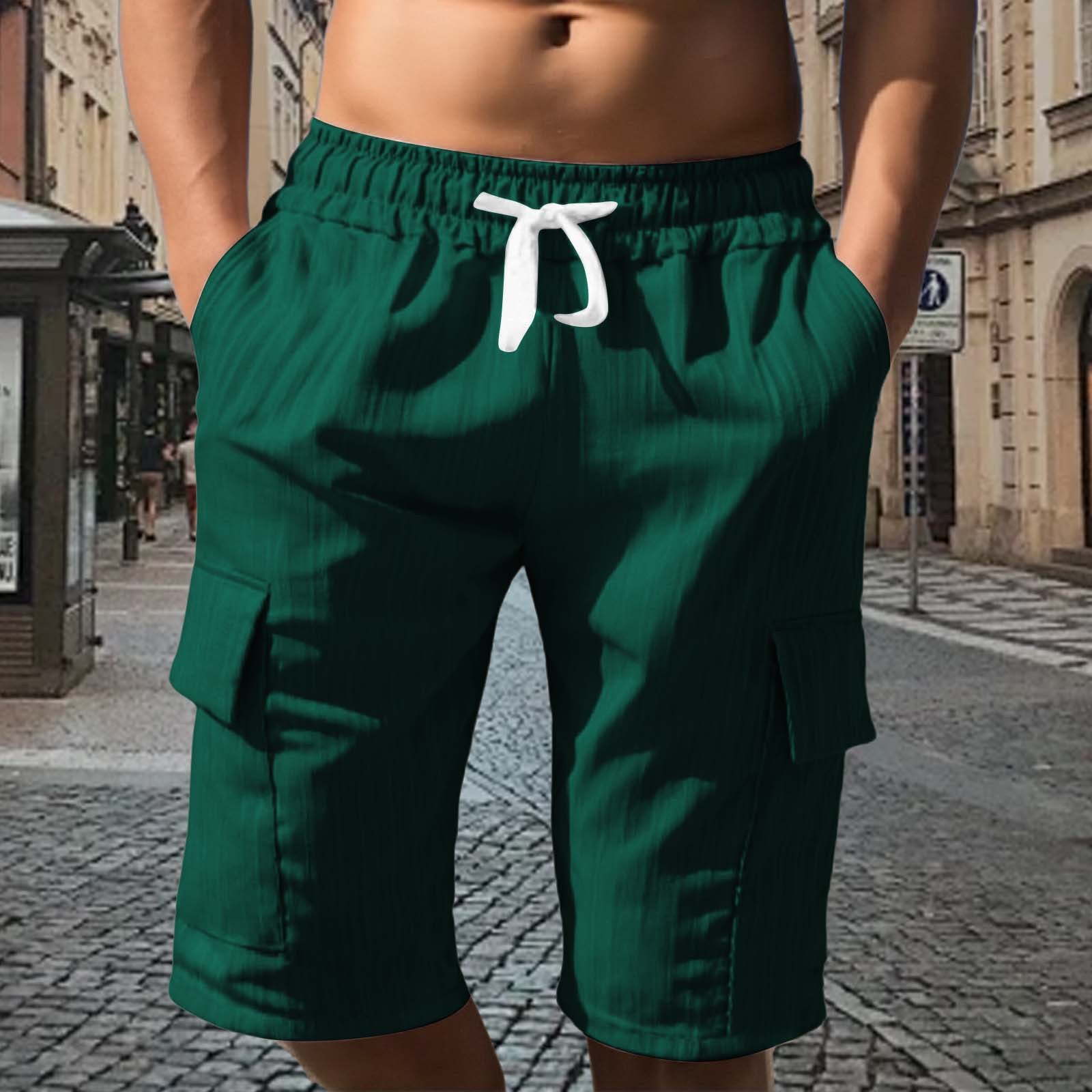 Men's Solid Color Sport Cargo Knee Length Shorts In Polyester Fabric With Multiple Pockets