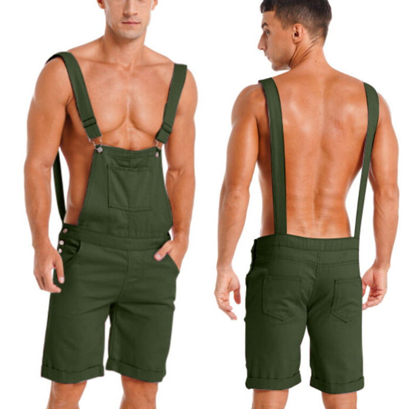Men's Solid Color Sport Overalls Shorts In Polyester Fabric Featuring Rivet Craftsmanship