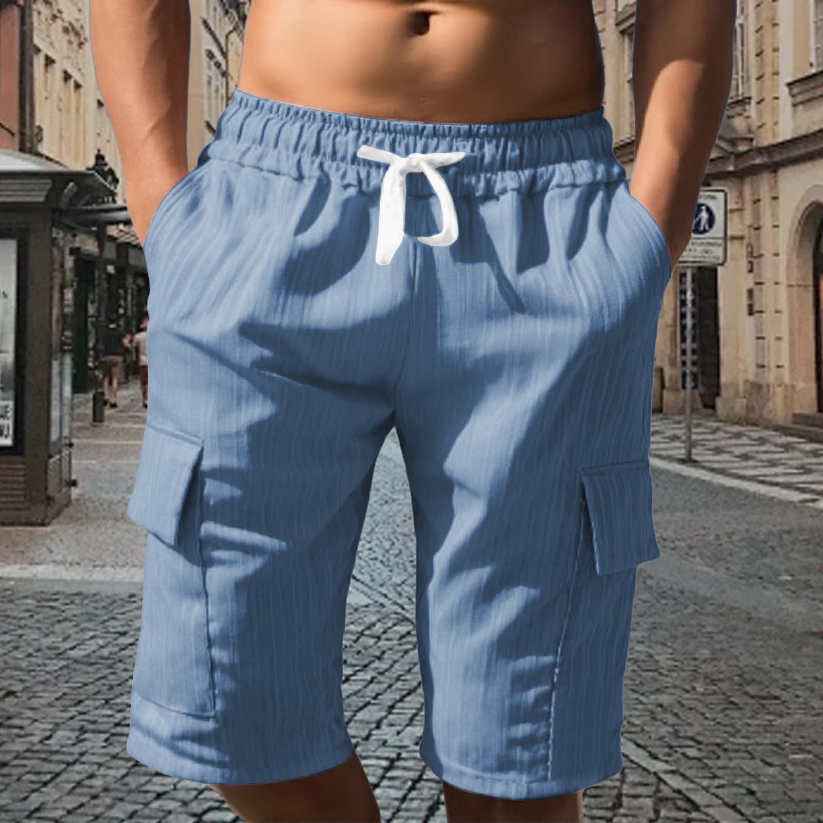 Men's Solid Color Sport Cargo Knee Length Shorts In Polyester Fabric With Multiple Pockets