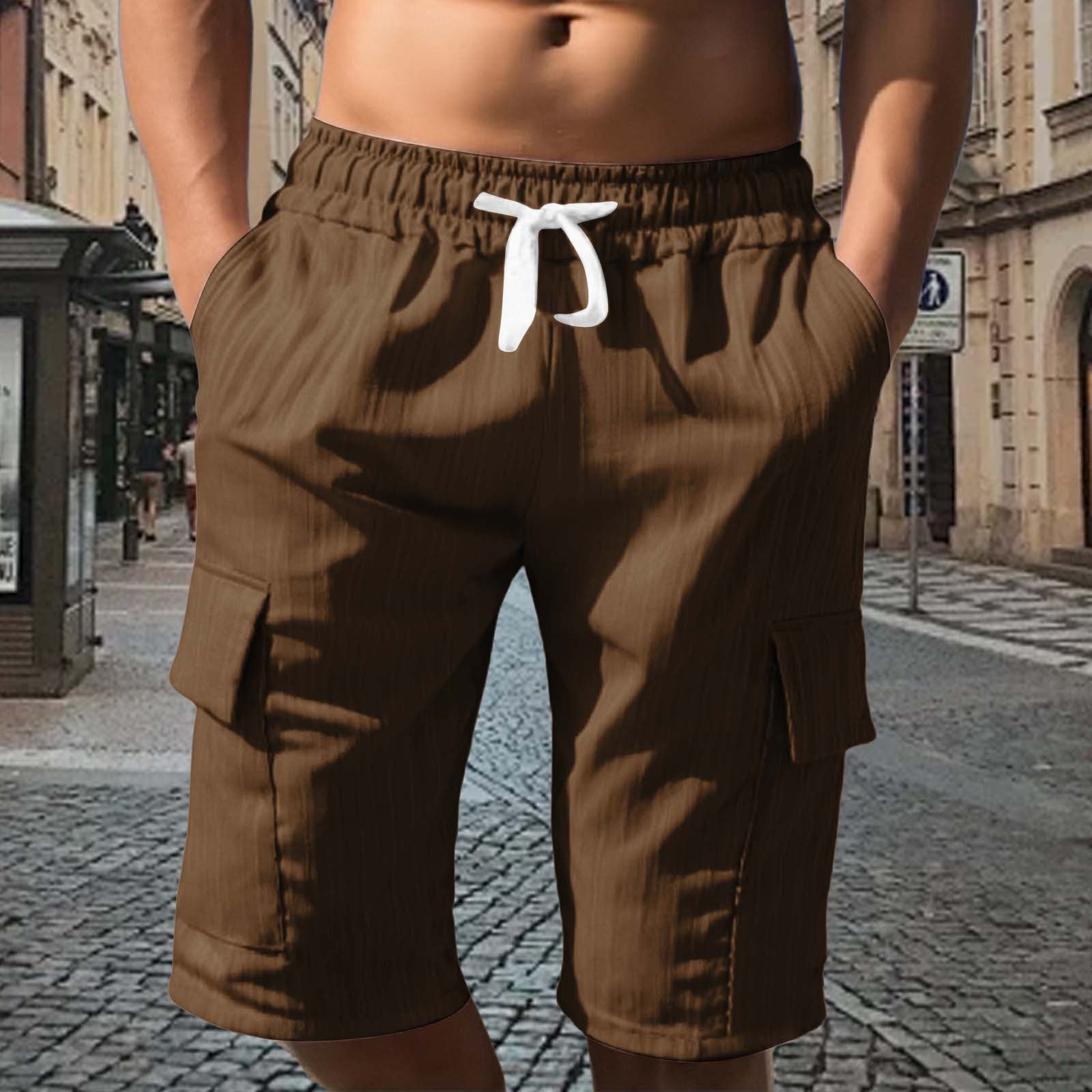 Men's Solid Color Sport Cargo Knee Length Shorts In Polyester Fabric With Multiple Pockets