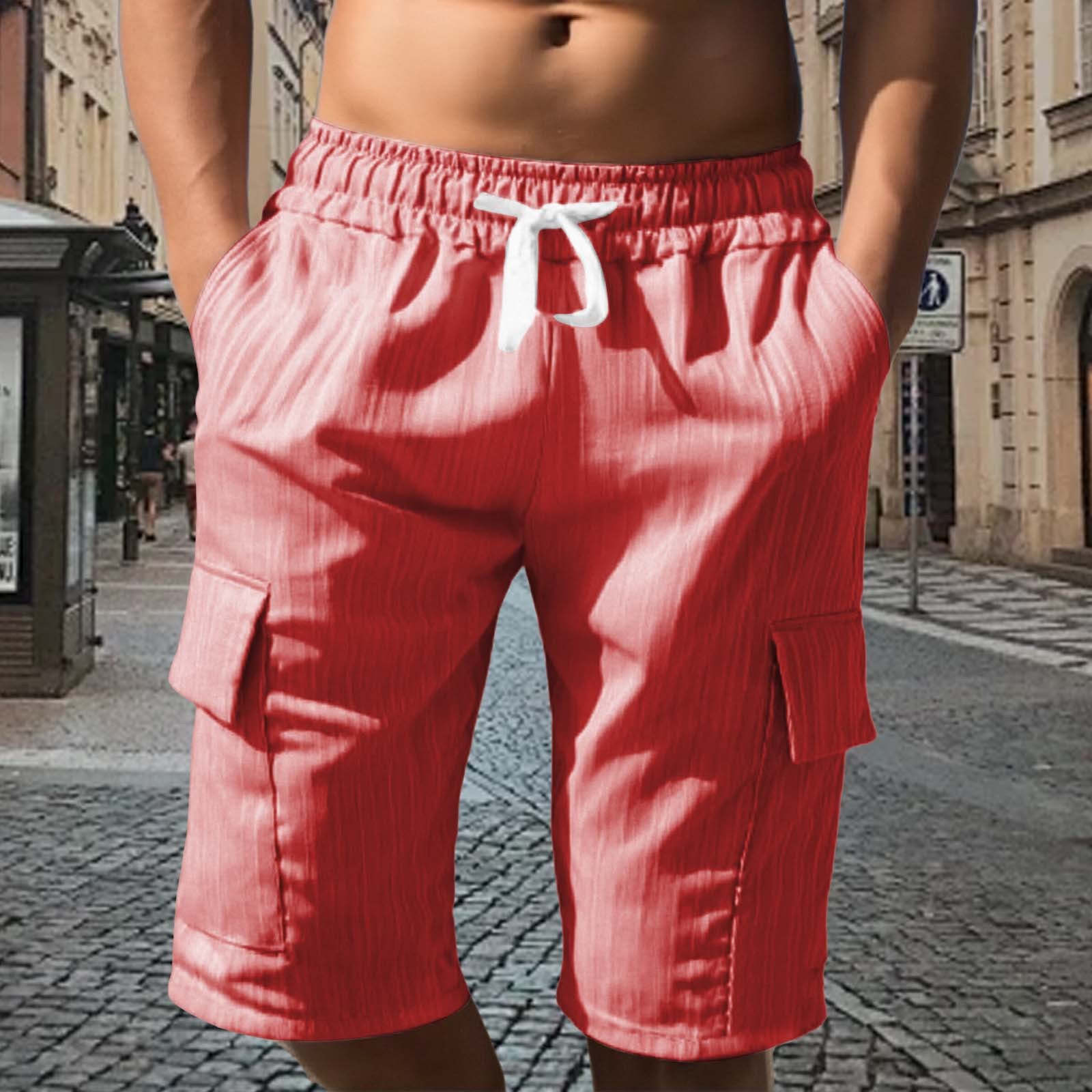 Men's Solid Color Sport Cargo Knee Length Shorts In Polyester Fabric With Multiple Pockets