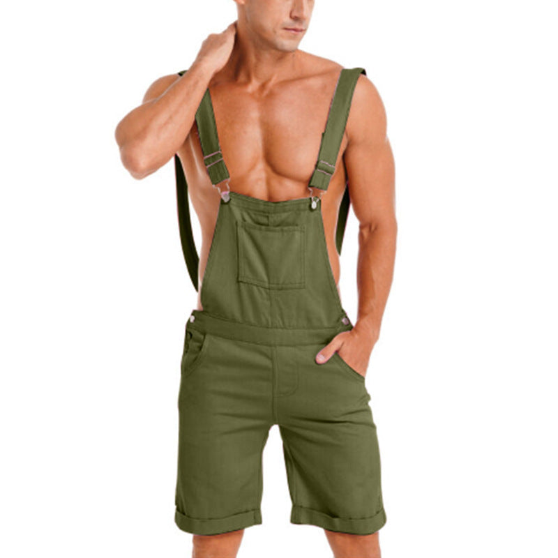 Men's Solid Color Sport Overalls Shorts In Polyester Fabric Featuring Rivet Craftsmanship