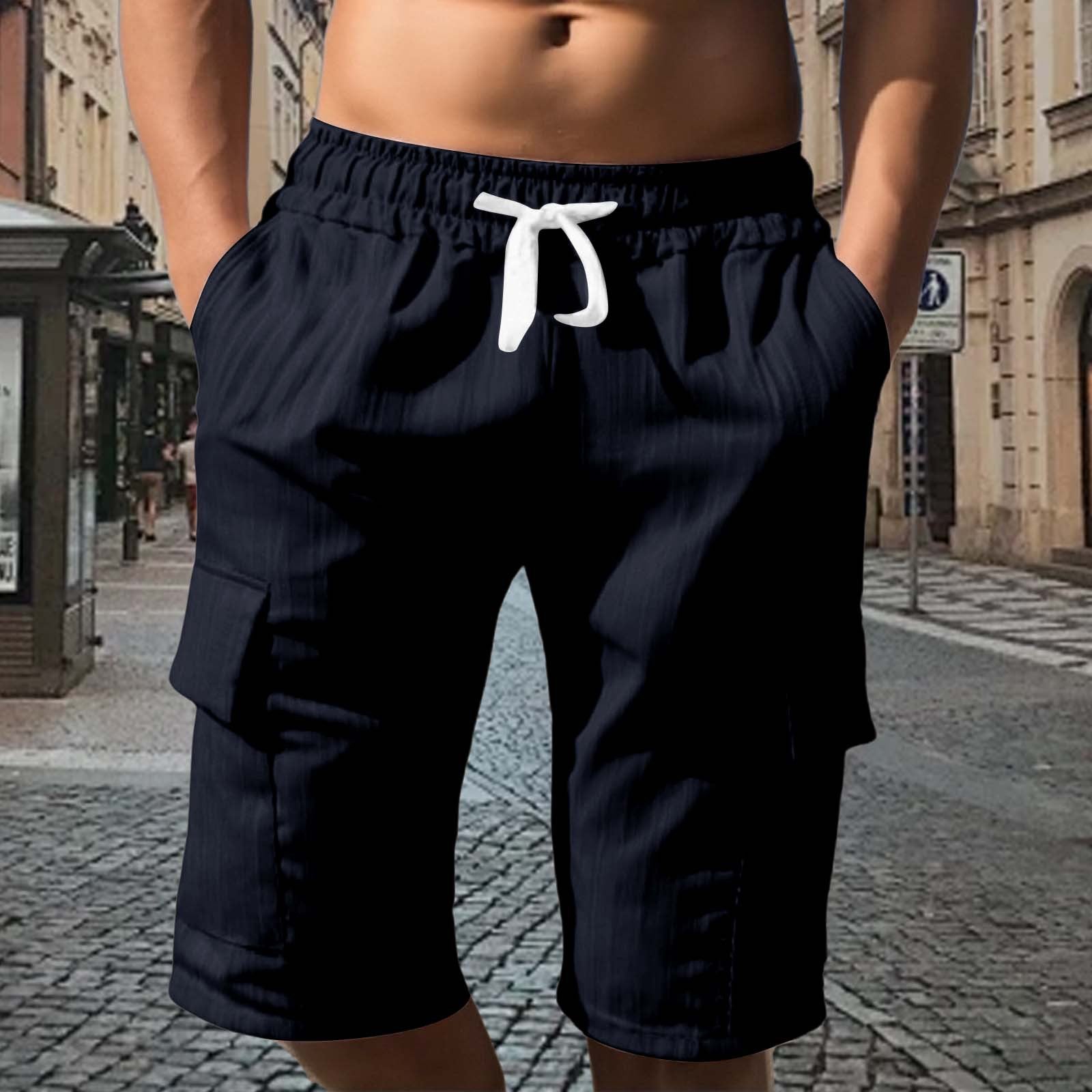 Men's Solid Color Sport Cargo Knee Length Shorts In Polyester Fabric With Multiple Pockets