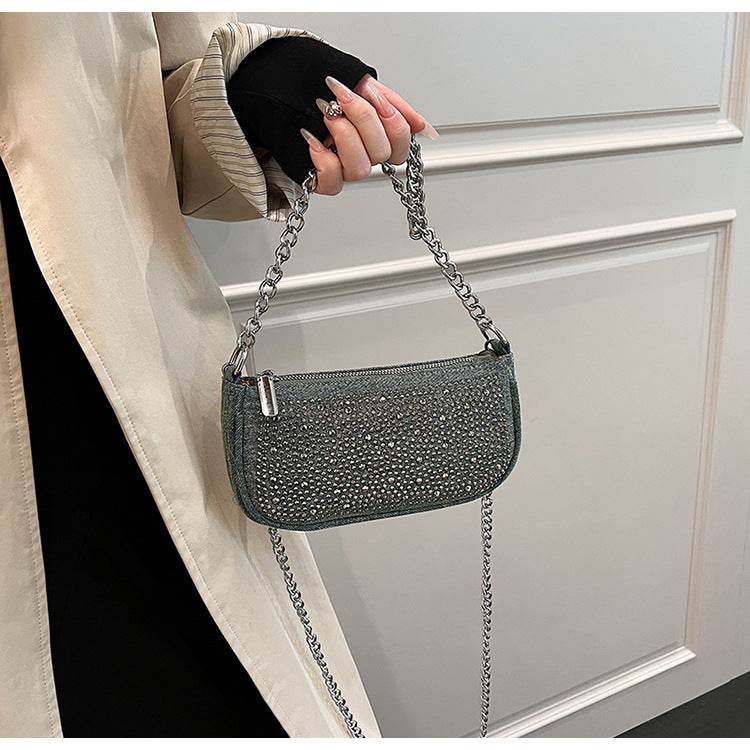 Glittery Square Denim Crossbody Bag For Women Featuring Rhinestones With Chain Strap