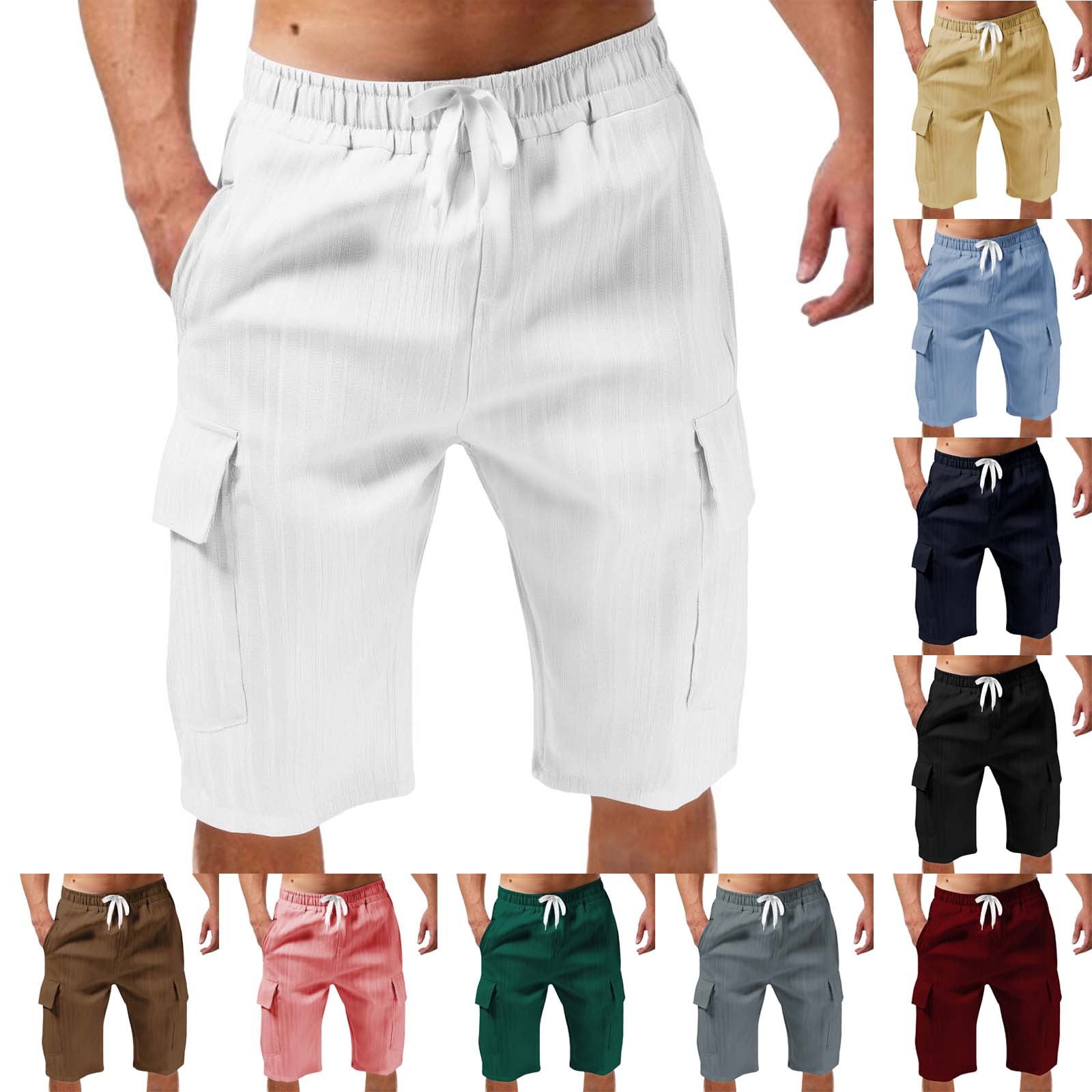 Men's Solid Color Sport Cargo Knee Length Shorts In Polyester Fabric With Multiple Pockets