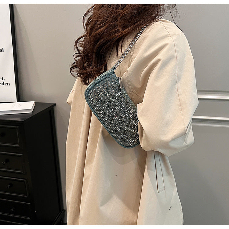 Glittery Square Denim Crossbody Bag For Women Featuring Rhinestones With Chain Strap