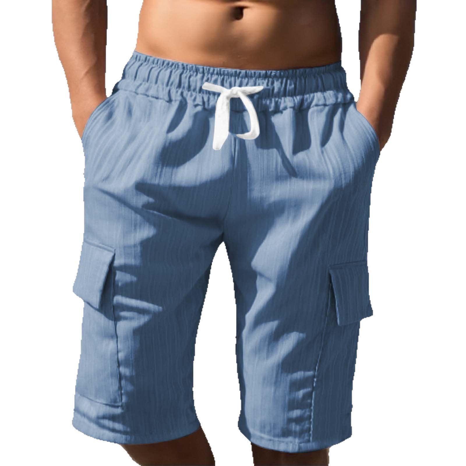 Men's Solid Color Sport Cargo Knee Length Shorts In Polyester Fabric With Multiple Pockets