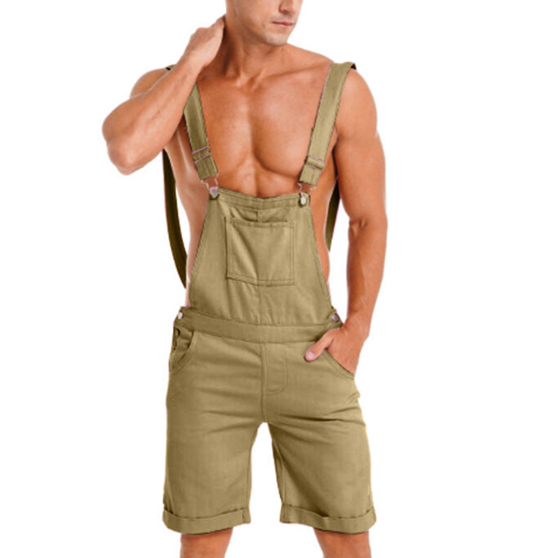 Men's Solid Color Sport Overalls Shorts In Polyester Fabric Featuring Rivet Craftsmanship