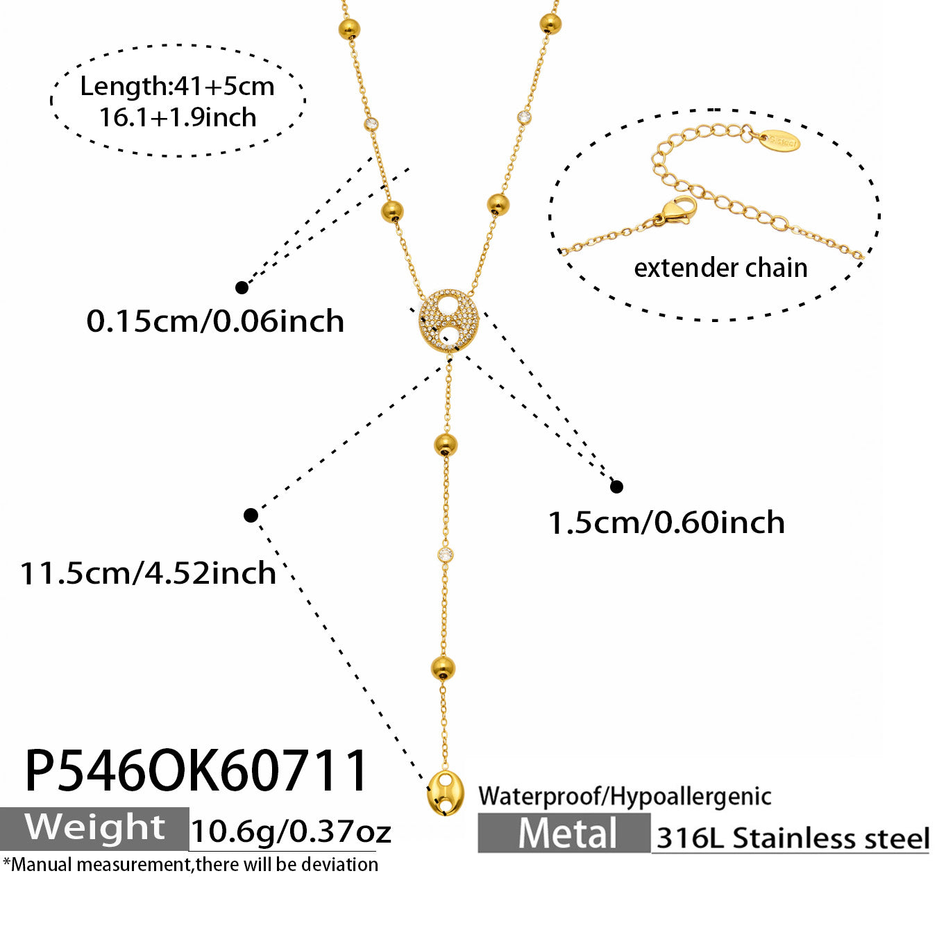 Geometric Y-Lariat Necklace, Waterproof 316 Stainless Steel With 18K Gold Plated PVD Coating And Zircon Inlay