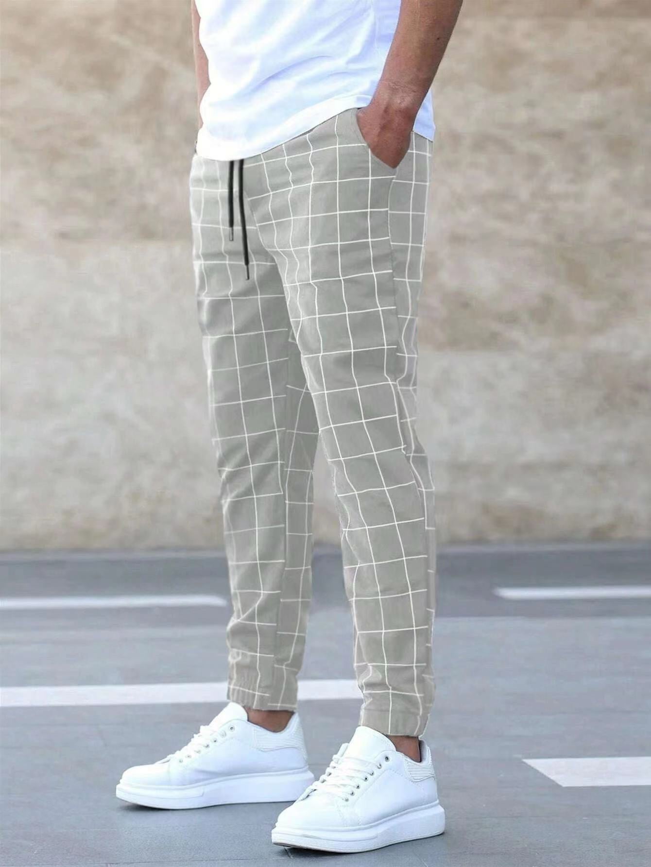 Men's Plaid Full Length Casual Sport Pants In Cotton With Printing For Casual Wear