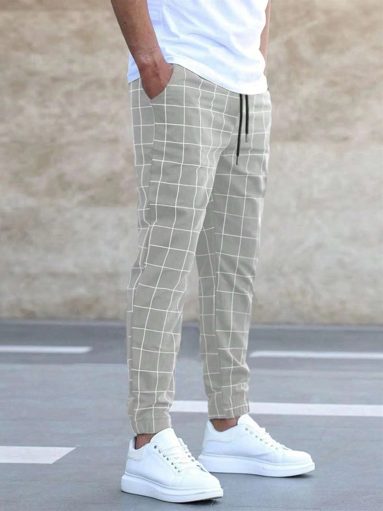 Men's Plaid Full Length Casual Sport Pants In Cotton With Printing For Casual Wear