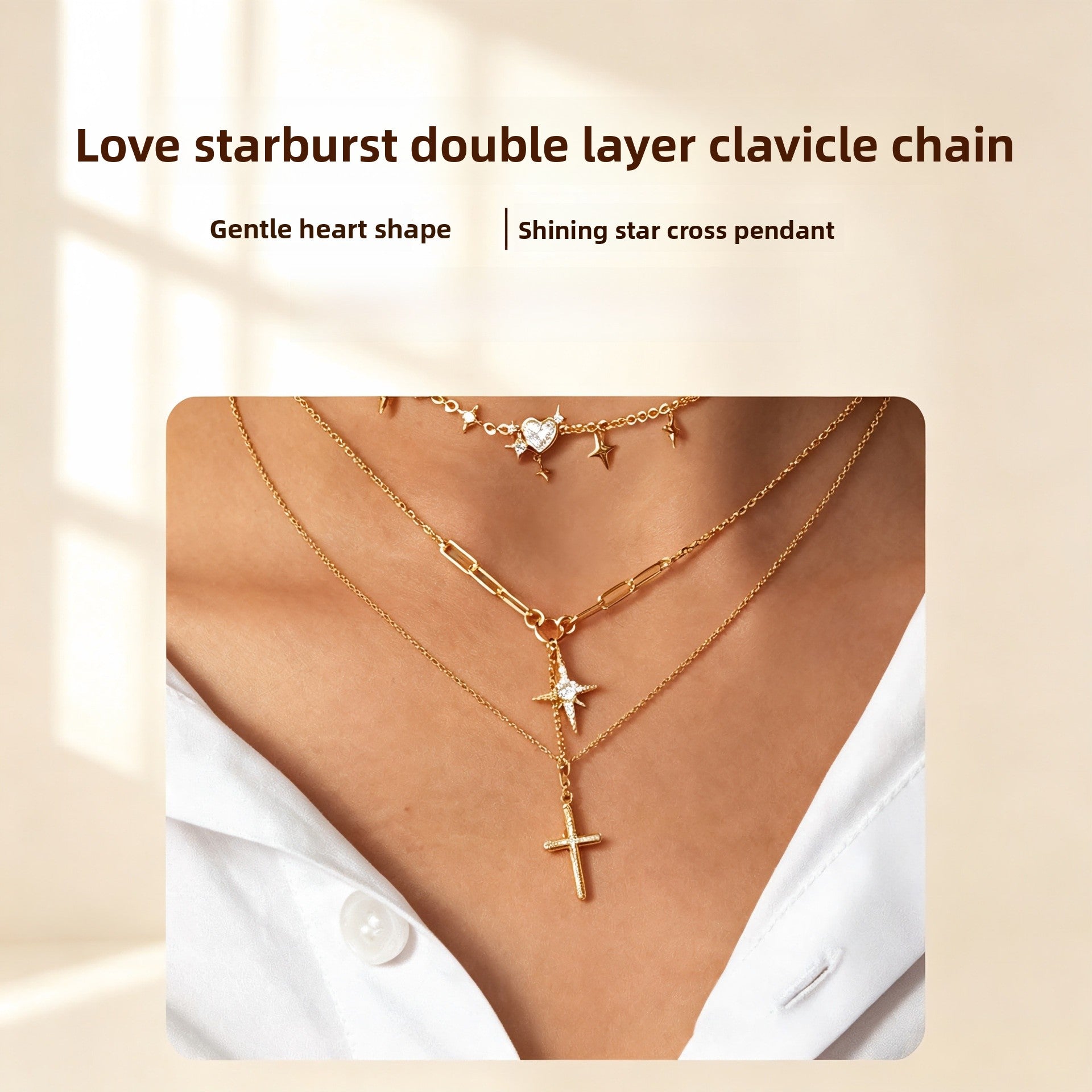 Heart Shape Double Layer Necklace For Women In Simple Style, Electroplated Alloy With Rhinestones And Paperclip Chain