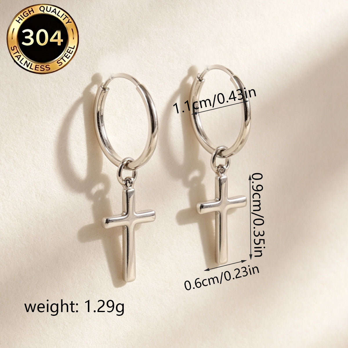Hypoallergenic Cross Earrings For Women In Simple Style, Featuring 304 Stainless Steel Posts